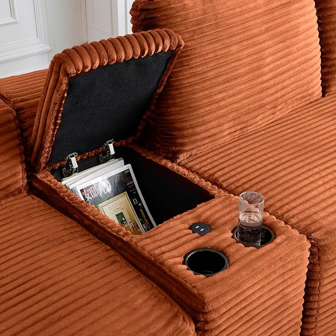 150" Oversized Modular Sectional Sofa,Deep Seat Cloud Corduroy Boneless Couch with Cup Holders,USB Ports, Wireless Charging & Storage Box,Upholstered Modular Sleeper Sofa for Living Room (Orange)