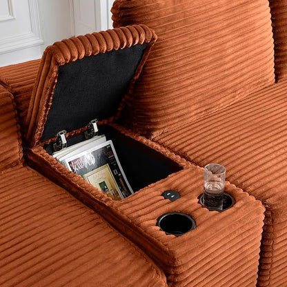 150" Oversized Modular Sectional Sofa,Deep Seat Cloud Corduroy Boneless Couch with Cup Holders,USB Ports, Wireless Charging & Storage Box,Upholstered Modular Sleeper Sofa for Living Room (Orange)