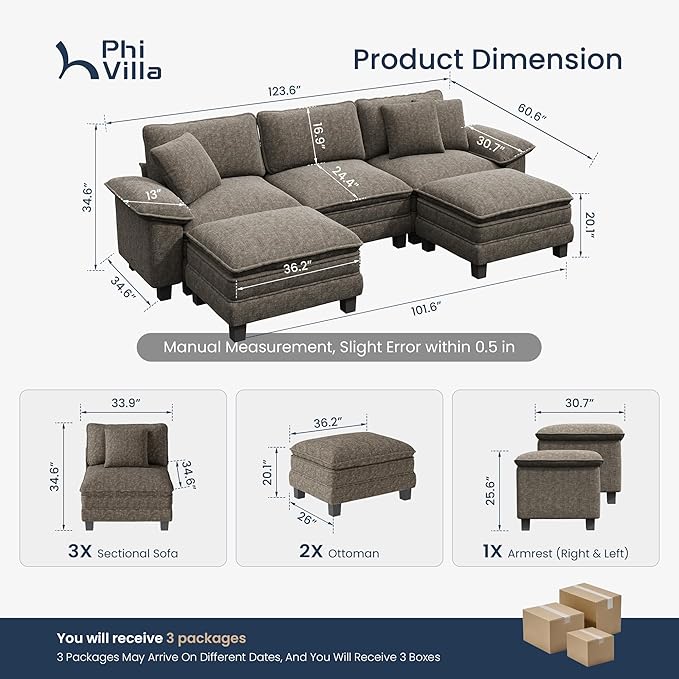 PHI VILLA Cloud Modular Couch Sets, 123.6" Sectional Sofa with U-Shaped Chaise, 5-Seater Couches with 2 Movable Ottomans for Living Room, Chenille Fabric, Smoky Grey