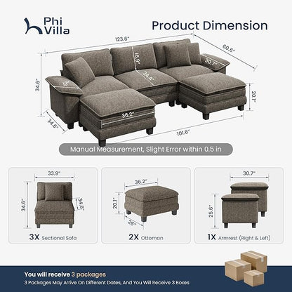 PHI VILLA Cloud Modular Couch Sets, 123.6" Sectional Sofa with U-Shaped Chaise, 5-Seater Couches with 2 Movable Ottomans for Living Room, Chenille Fabric, Smoky Grey