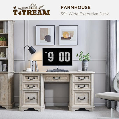 T4TREAM 59" Farmhouse Executive Desk with Drawers,Wood Home Office Computer Desk, Featuring Keyboard Tray,Charging Station,File Drawer, Storage Cabinet,for Work and Study (Light Rustic Oak)