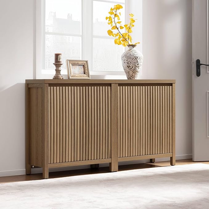 SICOTAS Sideboard Buffet Cabinet with Storage, Fluted Credenza Console Cabinet with Adjustable Shelves, Farmhouse Coffee Bar Storage Cabinets for Kitchen, Living Room, Entryway, Caramel Oak, 3 PCS