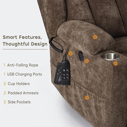 ABCASA Large Dual Motor Lay Flat Power Lift Recliners Chair for Elderly with Heat ＆ Massage, Comfortable Chenille Recliner, USB-A ＆ C, Cup Holder, Side Pocket, Brown