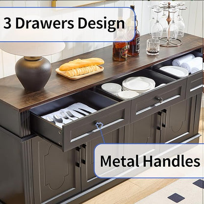 63" Black Buffet Sideboard Cabinet with 4 Doors and 3 Drawers, Modern Farmhouse Kitchen Storage Cabinet, Coffee Bar Cabinet with Adjustable Shelves, Kitchen Living Room Storage, Dining Room