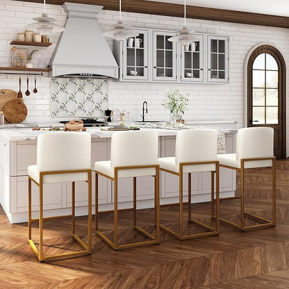 ALPHA HOME 24 Inch Bar Stools Set of 2, Kitchen Counter Stools with Backs, PU Leather Barstools, White Bar Stools with Upholstered Footrest, Sturdy Chromed Metal Steel Frame, Off-White