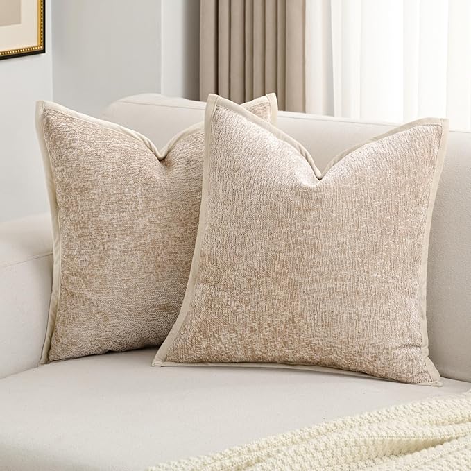 FUTEI Oatmeal Chenille Throw Pillow Covers 26x26 Inch Set of 2,Soft Cozy Bound Edge Design Euro Pillow Sham,Home Decor for Couch Bed Living Room