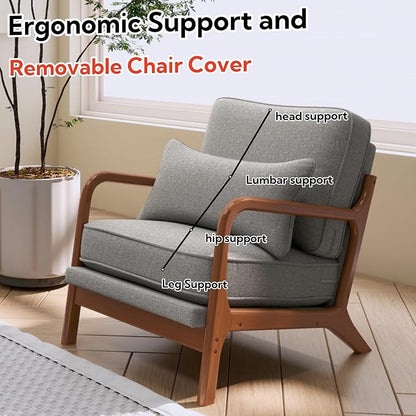 Mid-Century Accent Chair,Linen Fabric Lounge Chair with Wide Armrest,Linen Fabric Armchair withLumbar Pillow & Solid Wood Frame for Living Room, Bedroom, Balcony(Light Gray)