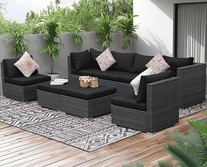 NICESOUL 8 Piece Outdoor Patio Set, 29.3'' High Back Extra Large Wicker Patio Furniture, Deep Seating Comfy L Shaped Modular Sectional Set of 8, Modern Wide Conversation, 2 Color Cushion Black & Gray