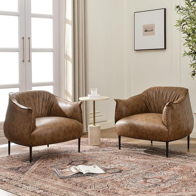 KINWELL 33" W Faux Leather Barrel Chairs Set of 2 with Hand-Tufted Pleated Back Flared Arms, Modern PU Upholstered Accent Chairs with Metal Legs, Large Armchairs Lounge Chairs for Living Room, Coffee