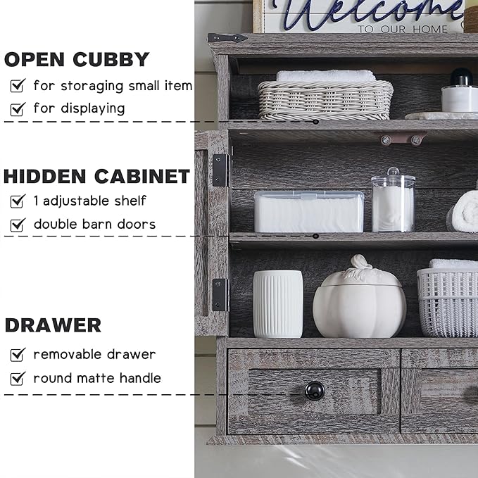 ACCOHOHO Bathroom Wall Cabinet, Farmhouse Medicine Cabinet, 24" Wide Cabinet with Drawer, Adjustable Shelf, Double Barn Doors, Storage Cabinet for Bathroom, Kitchen, Living Room, Grey Wash