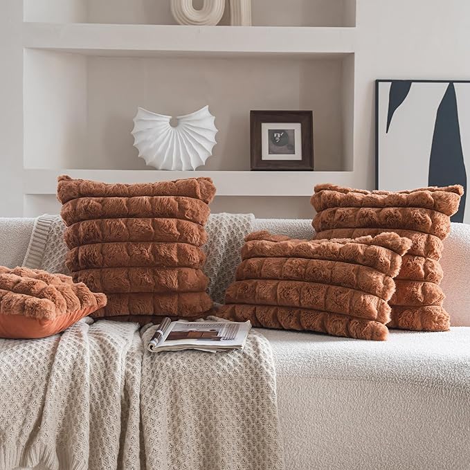 Neelvin Brown Faux Fur Cozy Soft Plaid Decorative Throw Pillow Covers 24x24 inch Set of 2,Velvet Pillowcase Cushion Case for Sofa Couch
