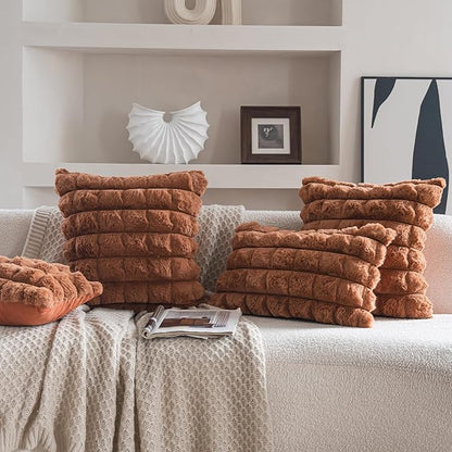 Neelvin Brown Faux Fur Cozy Soft Plaid Decorative Throw Pillow Covers 18x18 inch Set of 2,Velvet Pillowcase Cushion Case for Sofa Couch