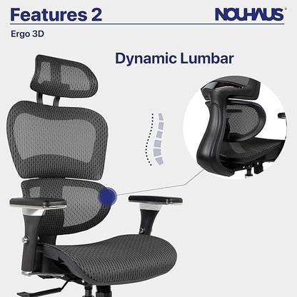 Nouhaus Ergo3D Ergonomic Office Chair Lumbar Support Mesh Office Chair with 4D Adjustable Armrest, Adjustable Headrest and Wheels, Mesh High Back Home Office Desk Chairs(Black)