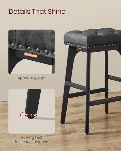 VASAGLE Bar Stools Set of 2, Saddle Counter Height Bar Stools, 26-Inch Backless Kitchen Stools with Wood Legs, PU Leather Thickened Upholstered Barstools for Kitchen Island Dining Room, Ink Black