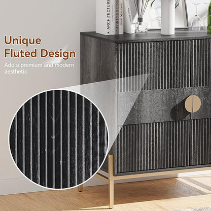 Fluted Sideboard Buffet Cabinet, Modern Credenza with Metal Gold Legs, Wood Accent Sideboard with Storage for Living Room, Dining Room, Kitchen, Entryway(Darkgrey)