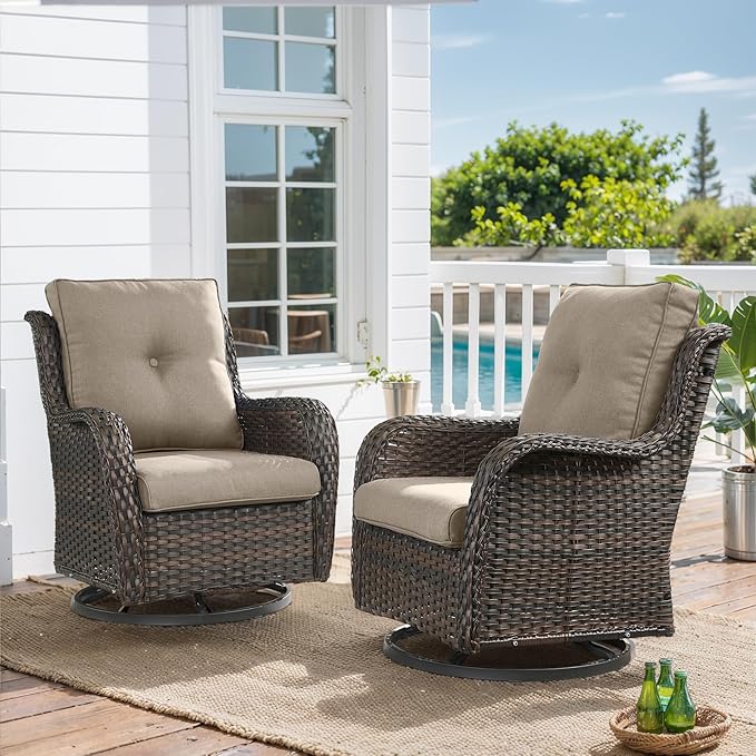 HUMMUH 4 Piece Outdoor Patio Furniture Set Wicker Conversation Bistro Set Swivel Rocker Chairs with 2pcs Ottomans for Backyard, Porch, Balcony