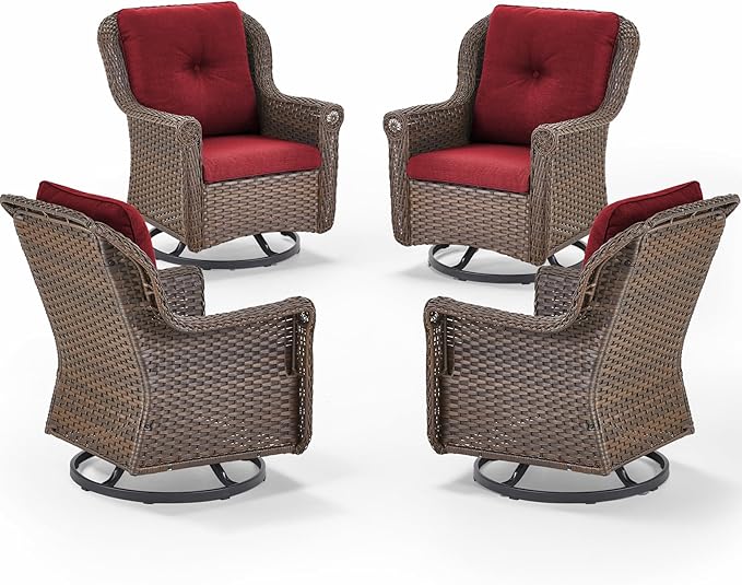 Patio Chairs Outdoor Swivel Glider - Set of 4 High Back Outside Brown Wicker Rattan Rocking Chair with Thick Cushion for Porch Apartment Deck Yard Poolside Garden - Red