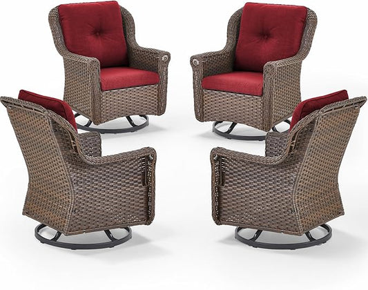 Patio Chairs Outdoor Swivel Glider - Set of 4 High Back Outside Brown Wicker Rattan Rocking Chair with Thick Cushion for Porch Apartment Deck Yard Poolside Garden - Red