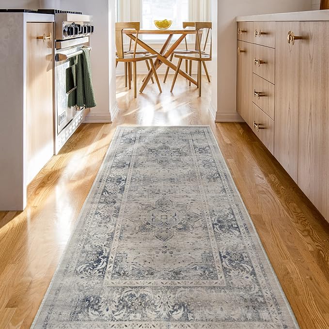 RUGGABLE Washable Vintage Area Rug – Sarrah Blue Quartz 6x9, Stain-Resistant, Non-Slip – Medium Machine Washable Rugs for Living Room, Bedroom, Hallway, Entryway & Office–with Standard Pad