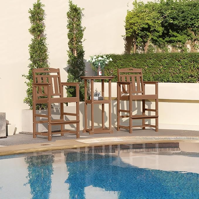 HDPE Outdoor Patio Tall Bar Chair, All-Weather Bar Height Balcony Adirondack Stools for Bistro, Garden, Backyard, Deck | Teak