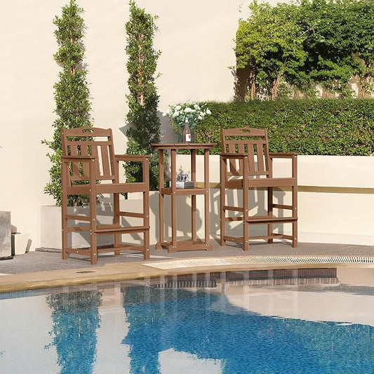 HDPE Outdoor Patio Bar Set with Bar Height Table and 2 Adirondack Chairs, All-Weather High Top Outside Round Pub Furniture for Bistro, Garden, Backyard, Deck | 3-Pieces, Teak