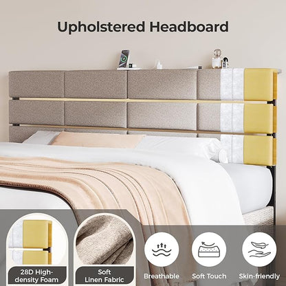Full/Queen Size Upholstered Headboard, Adjustable Head boards with LED Light & Charging Station, Bed Headboard Only, Attach Frame, Study & Comfortable, Ideal for Bedroom, Dorm, Guest Room, Beige
