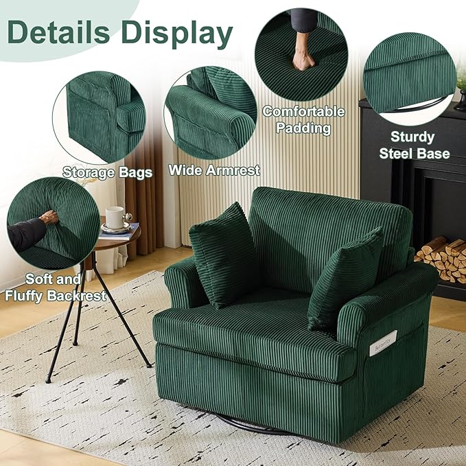 Karl home Swivel Accent Chair Set of 2, 39" Oversized Armchair W/2 Pillows and 4 Pockets,Modern Corduroy Barrel Chairs,Comfy Single Sofa for Living Room,Reading,Bedroom and Office-Dark Green