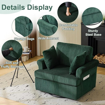 Karl home Swivel Accent Chair Set of 2, 39" Oversized Armchair W/2 Pillows and 4 Pockets,Modern Corduroy Barrel Chairs,Comfy Single Sofa for Living Room,Reading,Bedroom and Office-Dark Green
