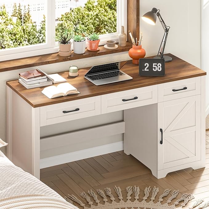 Vabches Farmhouse 59" Executive Desk,Computer Desk with 3 Drawers and Storage Cabinet,Home Office Desk for Work and Study