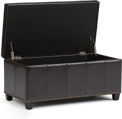 SIMPLIHOME Amelia 33 inch Wide Transitional Rectangle Storage Ottoman Bench in Tanners Brown Vegan Faux Leather, Assembled, For the Living Room, Entryway and Family Room