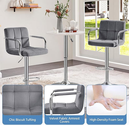 Yaheetech Velvet Bar Stools Set of 4, Adjustable Barstools with Armrest, Counter Height Stool Chairs with Thickened Seat Cushion for Kitchen Island, Dark Grey