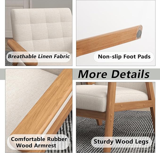 Modern Accent Chair with Wooden Table, Upholstered Linen Fabric Leisure Side Chair with Arm Rest and Wooden Frame for Living Room Bedroom Reading (Beige)