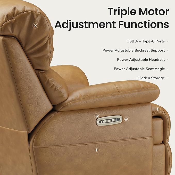 COLAMY Triple Motors Power Recliner Chair with Power Headrest & Lumbar Support Independent Adjustment for Living Room, Leather Electric Recliner Sofa Chair, Light Brown