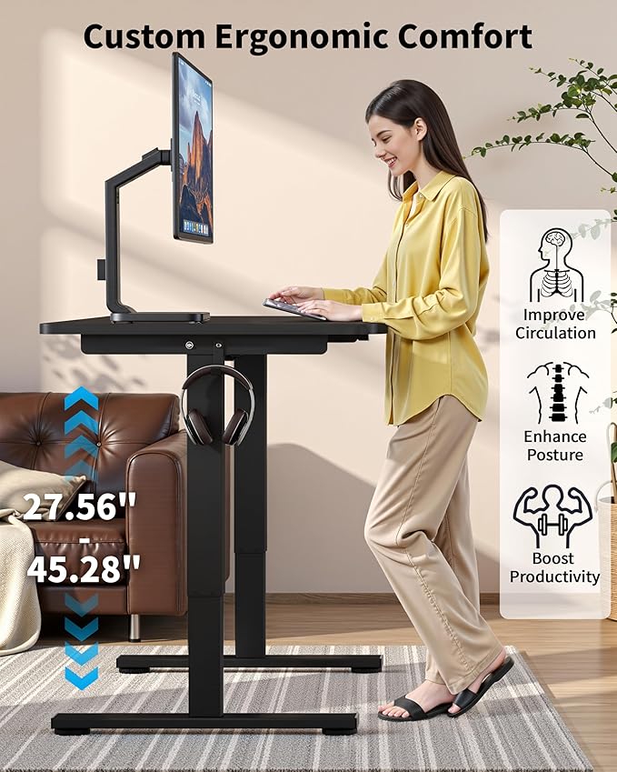Okin Small Electric Standing Desk, 40 x 24 Inches Whole Piece Height Adjustable Desk, Black Sit to Stand Desks Computer Workstation with Wheels for Home Office