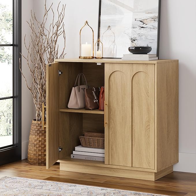Sideboard Buffet Cabinet with Storage, Modern Accent Cabinet with Arched Doors, Boho Modular Media Console, 31.5" Minimalist Credenza for Living Room Kitchen Dining Room Entryway, Oak
