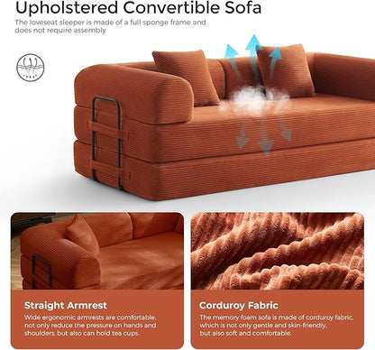 79" Convertible Sofa Bed with Fixed-Shape Frame & Removable Armrests, Modular Corduroy Sleeper Sofa, Folding Mattress Couch for Small Spaces - No Assembly Needed in Orange (Includes 2 Pillows)