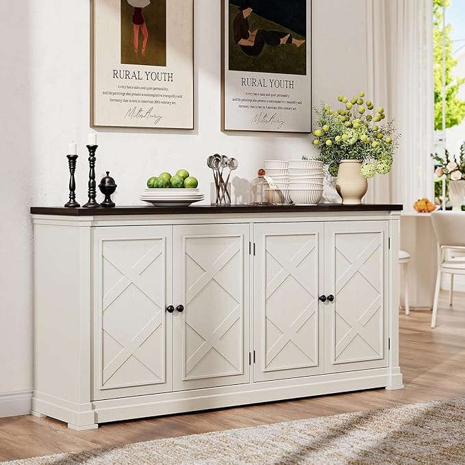 ONBRILL 63 Inches Buffet Cabinet with Storage, Large Sideboard Cabinet with 4 Barn Doors, Adjustable Shelves, Wood Coffee Bar Station for Kitchen, Living Room, Off White