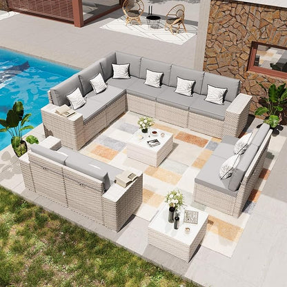 12-Piece Patio Furniture Set, Outdoor Extra Wide Armrest Modular Patio Sofa, Dual-Strand Rattan Wicker, Rust-Resistant Frame, Backyard High Back, Large Seat Furniture for Porch Garden Balcony, Grey