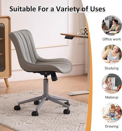 YOUNIKE Home Office Desk Chair with Wheels Armless Vanity Chair with Back Comfy Modern Leather Upholstered Rolling Task Chair Swivel Small Cute Sewing Chair No Arms Wide Adjustable Ergonomic Grey