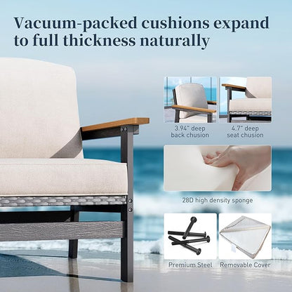HDPE Outdoor Patio Furniture 3-Piece Set, All Weather Modern Patio Conversation Sets with Wood-grain Extended Table, Outdoor Patio Couch Set, Black Frame with Beige 4.7" Thick Cushions