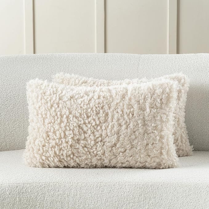 FUTEI Beige Decorative Throw Pillow Covers 12x20 Inch Set of 2,Soft Fluffy Faux Wool Fur Boucle Textured Lumbar Pillow Case,Modern Home Decor for Couch Bed Living Room Office