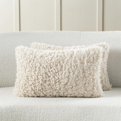 FUTEI Beige Decorative Throw Pillow Covers 12x20 Inch Set of 2,Soft Fluffy Faux Wool Fur Boucle Textured Lumbar Pillow Case,Modern Home Decor for Couch Bed Living Room Office