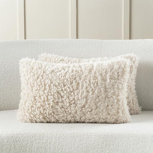 FUTEI Beige Decorative Throw Pillow Covers 12x20 Inch Set of 2,Soft Fluffy Faux Wool Fur Boucle Textured Lumbar Pillow Case,Modern Home Decor for Couch Bed Living Room Office