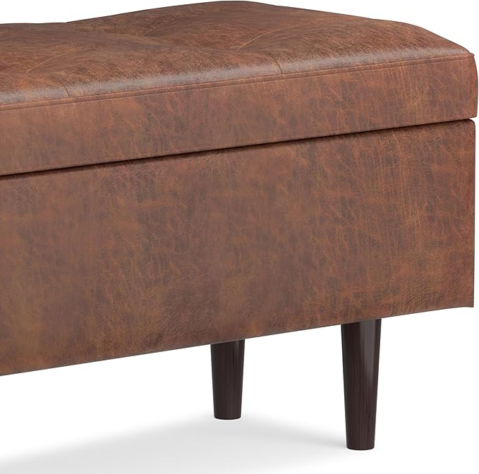 SIMPLIHOME Shay 48 inch Wide Mid Century Modern Rectangular Storage Ottoman in Distressed Saddle Brown Vegan Faux Leather, Assembled, For the Living Room, Entryway and Family Room