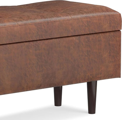 SIMPLIHOME Shay 48 inch Wide Mid Century Modern Rectangular Storage Ottoman in Distressed Saddle Brown Vegan Faux Leather, Assembled, For the Living Room, Entryway and Family Room