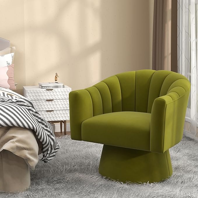 Swivel Accent Chair Set of 2, Upholstered Velvet 360° Swivel Barrel Chair for Living Room Overstuffed Bouncle Reading Chair Round Armchair for Bedroom,Vanity,Office (Grass-Green)
