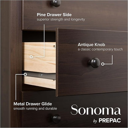 Prepac Sonoma Superior 5-Drawer Dresser for Bedroom - Spacious and Stylish Chest of Drawers, Measuring 17.75"D x 31.5"W x 44.75"H, In Espresso Finish