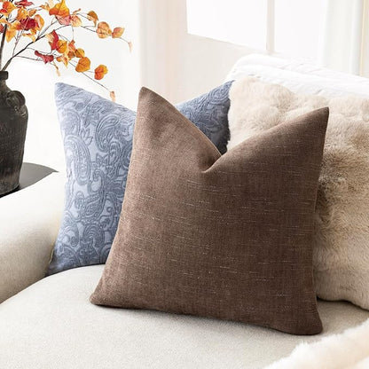 Foindtower Set of 2 Soft Textured Chenille Throw Decorative Pillow Covers Square Accent Solid Cushion Cover Cozy Neutral Farmhouse Pillow Case for Couch Sofa Bedroom Living Room 22x22 Inch, Chocolate