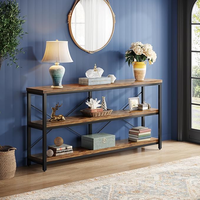 Tribesigns 55-Inch Industrial Sofa Table, 3-Tier Console Table with Metal Frame and Open Shelves, Modern Decorative Shelf, Open TV Shelf for Living Room, Entryway, Hallyway (Brown and Black)