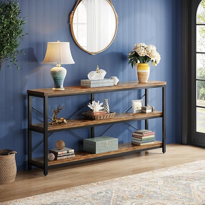 Tribesigns 55-Inch Industrial Sofa Table, 3-Tier Console Table with Metal Frame and Open Shelves, Modern Decorative Shelf, Open TV Shelf for Living Room, Entryway, Hallyway (Brown and Black)